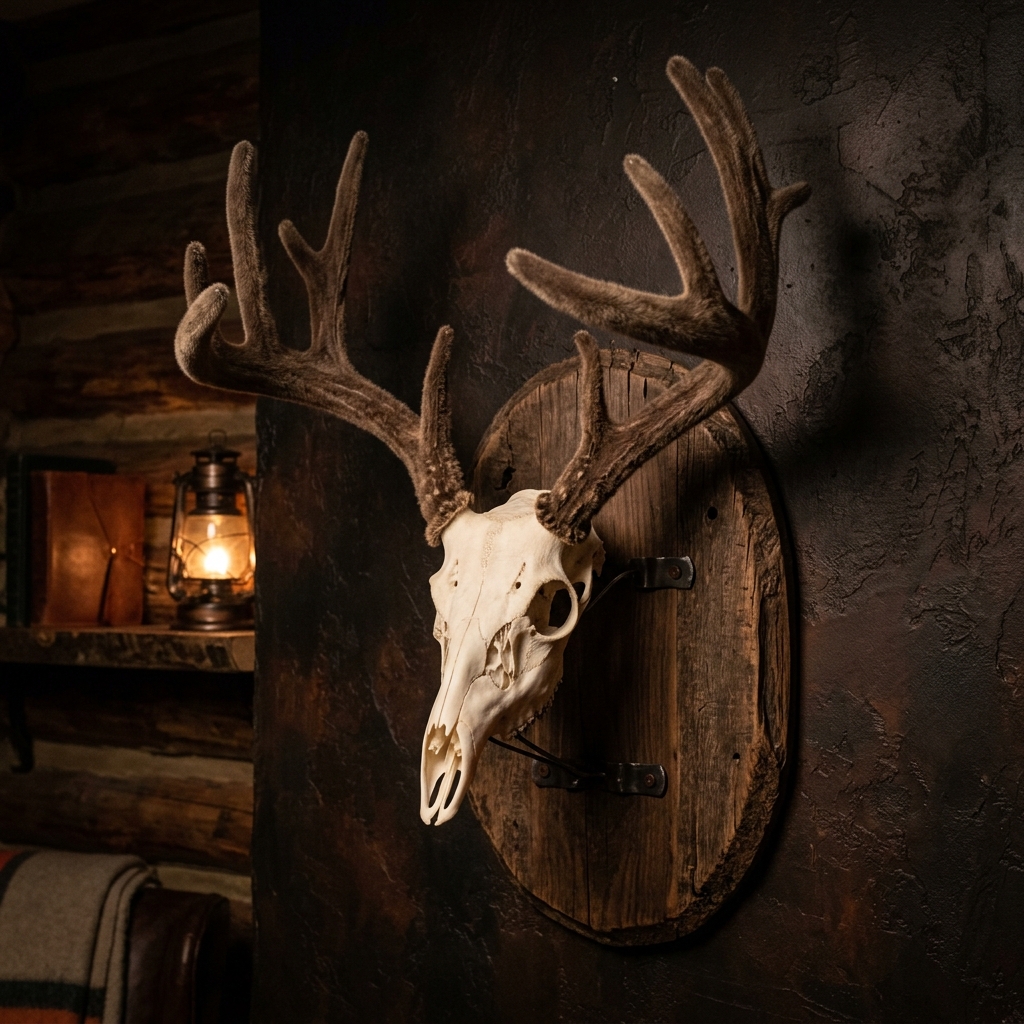 Velvet euro mount displayed on rustic wall plaque